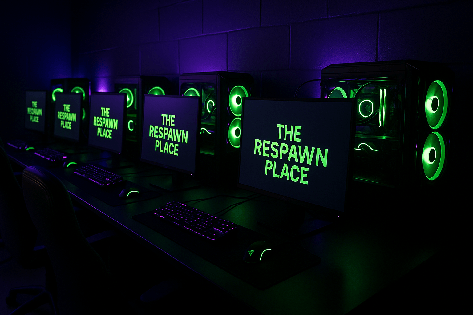 Row of high-spec PC stations with dual monitors at The Respawn Place
